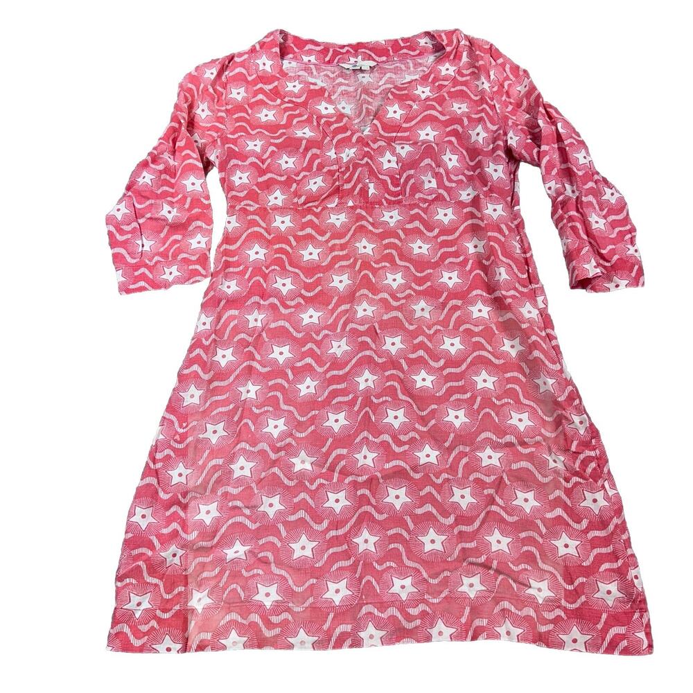 Boden Red Linen Star Mini Dress 3/4 Sleeve Notch Neck Sz 8 Petite 4th Of July - Picture 2 of 11